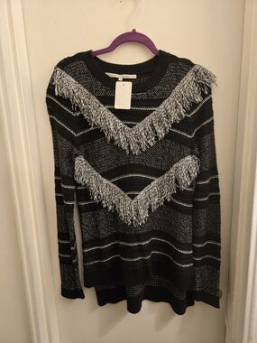 RACHEL Rachel Roy Black Knit Sweater with Silver Fringe Chevron